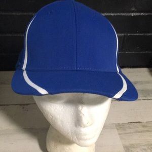 FlexFit blue with two white stripes fitted back ball cap. Size L/XL